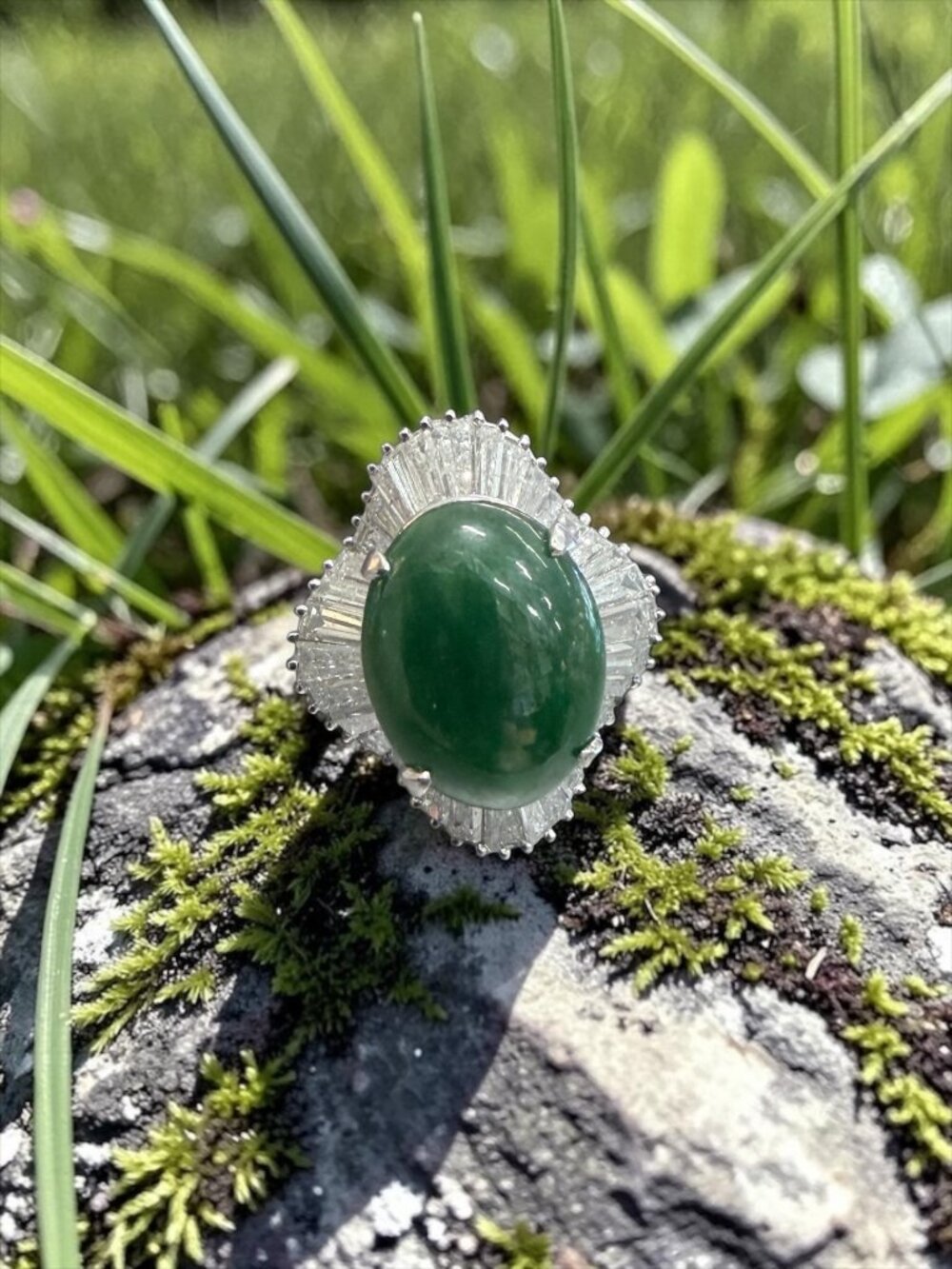 Platinum Jadeite and Diamond Baguette‎ Ballerina Ring